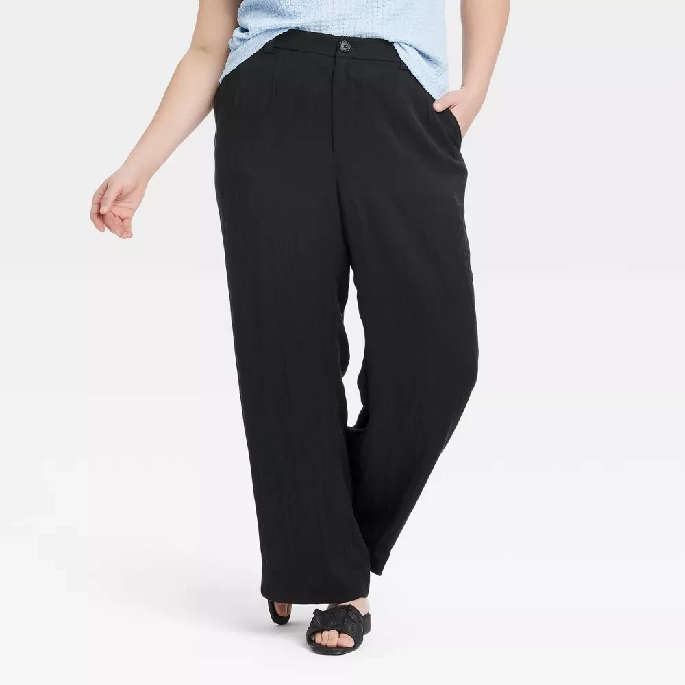 Women's High-Rise Straight Trousers - A New Day Black 24: Plus Size, Twill